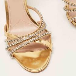 Pre Owned Miu Miu Gold Foil Leather Crystal Embellished Ankle Strap Sandals Size 40