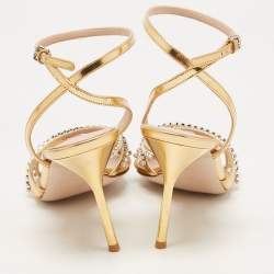 Pre Owned Miu Miu Gold Foil Leather Crystal Embellished Ankle Strap Sandals Size 40