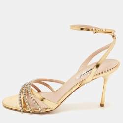 Pre Owned Miu Miu Gold Foil Leather Crystal Embellished Ankle Strap Sandals Size 40