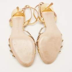 Pre Owned Miu Miu Gold Foil Leather Crystal Embellished Ankle Strap Sandals Size 40