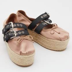 مملوكة مسبقًا Miu Miu Old Rose/Black Satin Double Buckle Platform Espadrille Flats Size 35.5