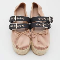 مملوكة مسبقًا Miu Miu Old Rose/Black Satin Double Buckle Platform Espadrille Flats Size 35.5