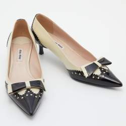 Miu Miu Two Tone Patent Leather Double Bow Pointed Toe Pumps Size 38