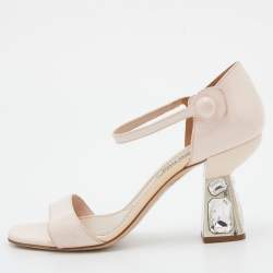 Miu Miu Light Pink Patent Leather Crystal Heel Sandals Size 35