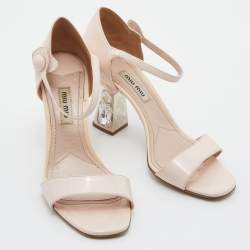 Miu Miu Light Pink Patent Leather Crystal Heel Sandals Size 35