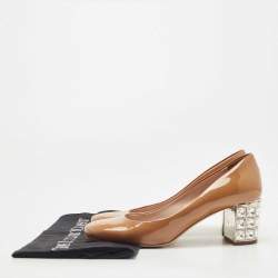 Miu Miu Brown Patent Leather Crystal Embellished Block Heel Pumps Size 36