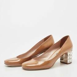 Miu Miu Brown Patent Leather Crystal Embellished Block Heel Pumps Size 36