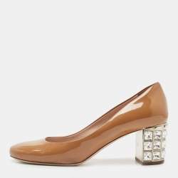 Miu Miu Brown Patent Leather Crystal Embellished Block Heel Pumps Size 36
