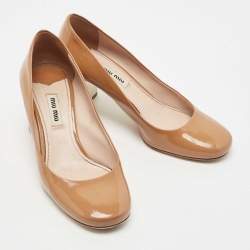 Miu Miu Brown Patent Leather Crystal Embellished Block Heel Pumps Size 36