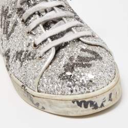 Miu Miu Silver Coarse Glitter Logo Print Low Top Sneakers Size 40