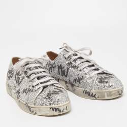 Miu Miu Silver Coarse Glitter Logo Print Low Top Sneakers Size 40