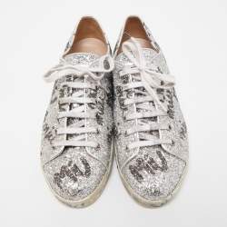 Miu Miu Silver Coarse Glitter Logo Print Low Top Sneakers Size 40