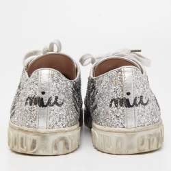 Miu Miu Silver Coarse Glitter Logo Print Low Top Sneakers Size 40