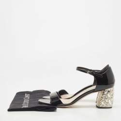 Miu Miu Black Patent Leather Crystal Embellished Block Heel Ankle Strap Sandals Size 37.5