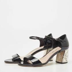 Miu Miu Black Patent Leather Crystal Embellished Block Heel Ankle Strap Sandals Size 37.5