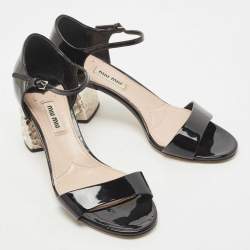 Miu Miu Black Patent Leather Crystal Embellished Block Heel Ankle Strap Sandals Size 37.5