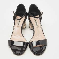 Miu Miu Black Patent Leather Crystal Embellished Block Heel Ankle Strap Sandals Size 37.5