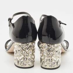 Miu Miu Black Patent Leather Crystal Embellished Block Heel Ankle Strap Sandals Size 37.5