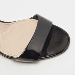 Miu Miu Black Patent Leather Crystal Embellished Block Heel Ankle Strap Sandals Size 37.5