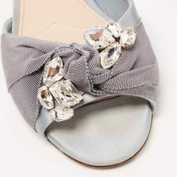 مملوكة مسبقًا Miu Miu Grey Satin Crystal Embellished Flat Slides Size 38