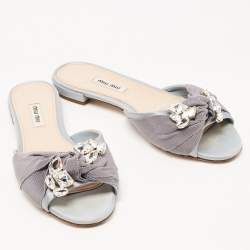 مملوكة مسبقًا Miu Miu Grey Satin Crystal Embellished Flat Slides Size 38