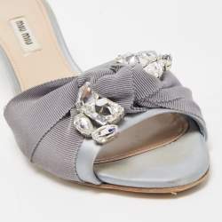 Pre Owned Miu Miu Two Tone Satin and Knotted Canvas Crystal Embellished Slide Sandals Size 39