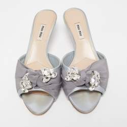 Pre Owned Miu Miu Two Tone Satin and Knotted Canvas Crystal Embellished Slide Sandals Size 39