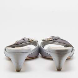 Pre Owned Miu Miu Two Tone Satin and Knotted Canvas Crystal Embellished Slide Sandals Size 39