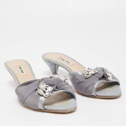 Pre Owned Miu Miu Two Tone Satin and Knotted Canvas Crystal Embellished Slide Sandals Size 39