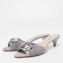Pre Owned Miu Miu Two Tone Satin and Knotted Canvas Crystal Embellished Slide Sandals Size 39