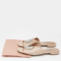 Miu Miu Beige Patent Leather Crystal Embellished Flat Slides Size 40