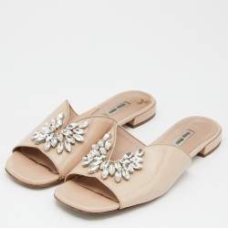Miu Miu Beige Patent Leather Crystal Embellished Flat Slides Size 40