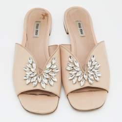 Miu Miu Beige Patent Leather Crystal Embellished Flat Slides Size 40