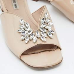 Miu Miu Beige Patent Leather Crystal Embellished Flat Slides Size 40