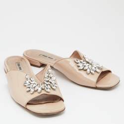 Miu Miu Beige Patent Leather Crystal Embellished Flat Slides Size 40