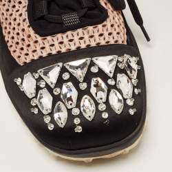 Pre Owned Miu Miu Black/Pink Neoprene and Mesh Crystal Embellished Low Top Sneakers Size 40