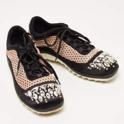 Pre Owned Miu Miu Black/Pink Neoprene and Mesh Crystal Embellished Low Top Sneakers Size 40