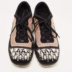 Pre Owned Miu Miu Black/Pink Neoprene and Mesh Crystal Embellished Low Top Sneakers Size 40