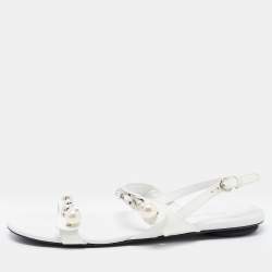 Miu Miu White Patent Leather Chain and Pearl Embellished Flat Sandals Size 40