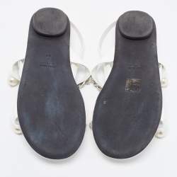 Miu Miu White Patent Leather Chain and Pearl Embellished Flat Sandals Size 40