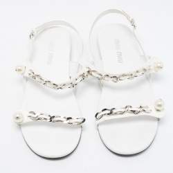 Miu Miu White Patent Leather Chain and Pearl Embellished Flat Sandals Size 40