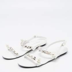 Miu Miu White Patent Leather Chain and Pearl Embellished Flat Sandals Size 40