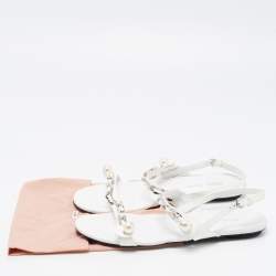 Miu Miu White Patent Leather Chain and Pearl Embellished Flat Sandals Size 40