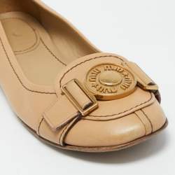 Pre Owned Miu Miu Beige Leather Logo Detail Ballet Flats Size 36