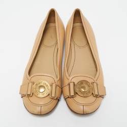 Pre Owned Miu Miu Beige Leather Logo Detail Ballet Flats Size 36