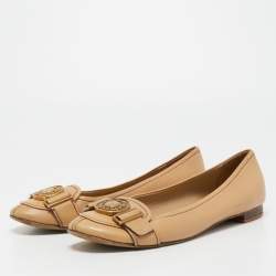 Pre Owned Miu Miu Beige Leather Logo Detail Ballet Flats Size 36