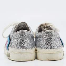 Miu Miu Silver/White Leather and Glitter Patch Slip on Sneakers Size 40