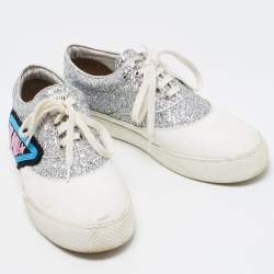 Miu Miu Silver/White Leather and Glitter Patch Slip on Sneakers Size 40