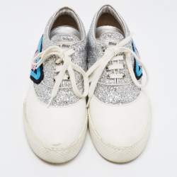 Miu Miu Silver/White Leather and Glitter Patch Slip on Sneakers Size 40