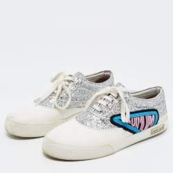 Miu Miu Silver/White Leather and Glitter Patch Slip on Sneakers Size 40
